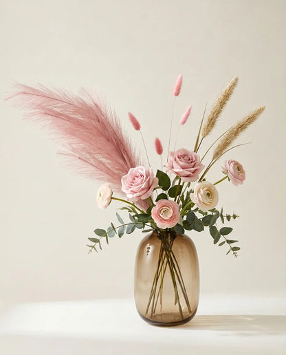 Bouquet artificiel de roses et herbe de la pampa rose et beige dans un vase en verre ambré