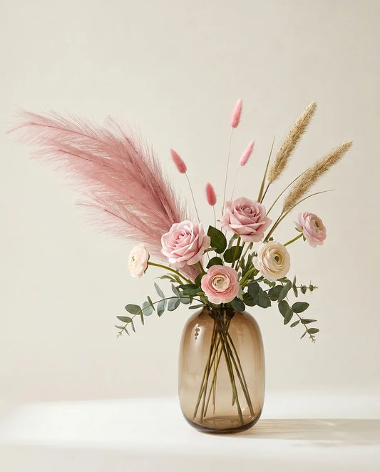Bouquet artificiel de roses et herbe de la pampa rose et beige dans un vase en verre ambré