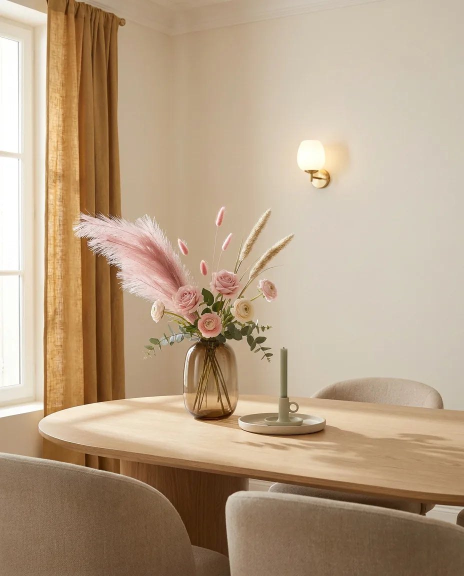 Bouquet artificiel rose et beige sur une table ovale en chêne clair dans une salle à manger, applique laiton