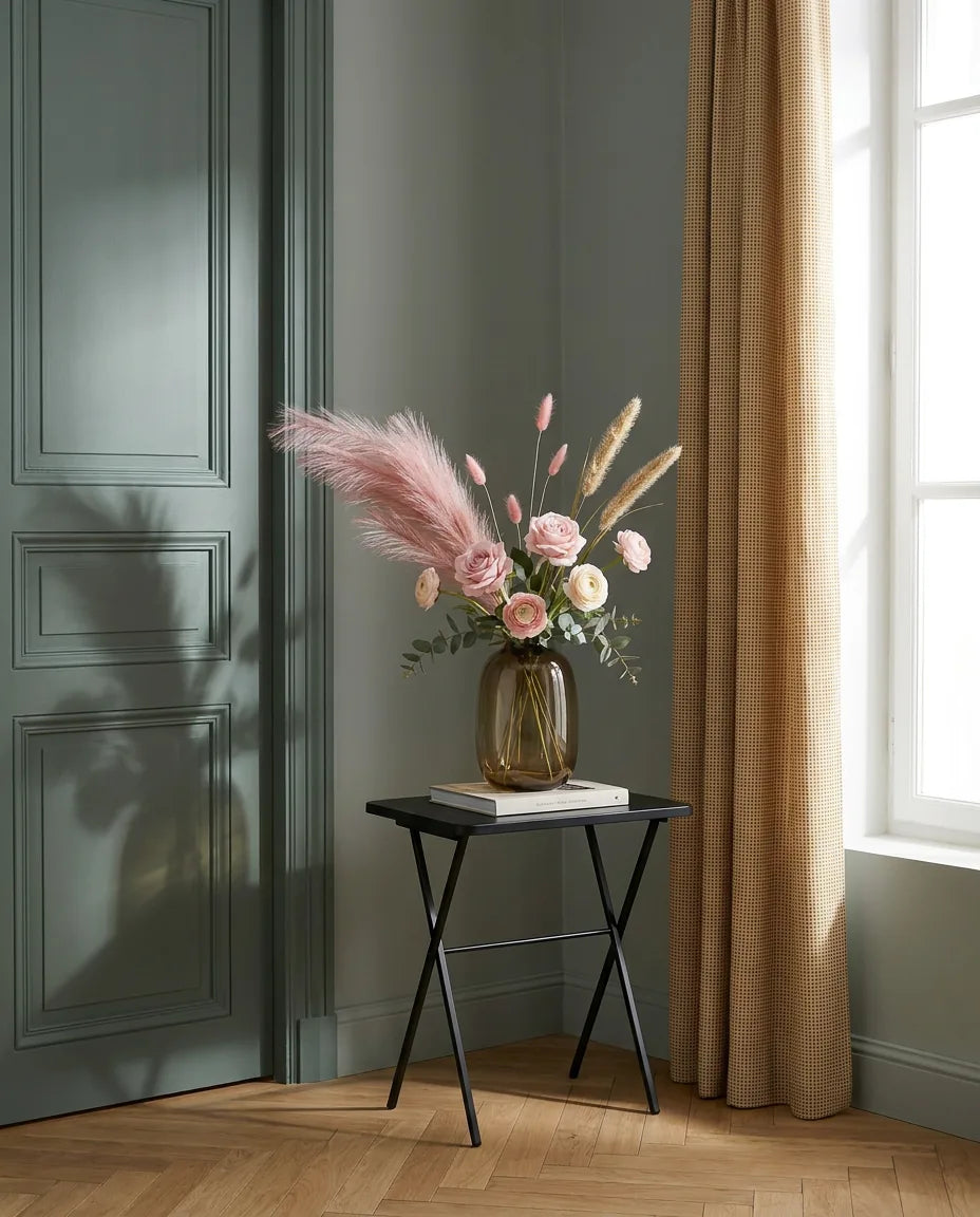 Bouquet artificiel rose et beige dans une entrée à la porte vert sauge, sur une table d'appoint noire