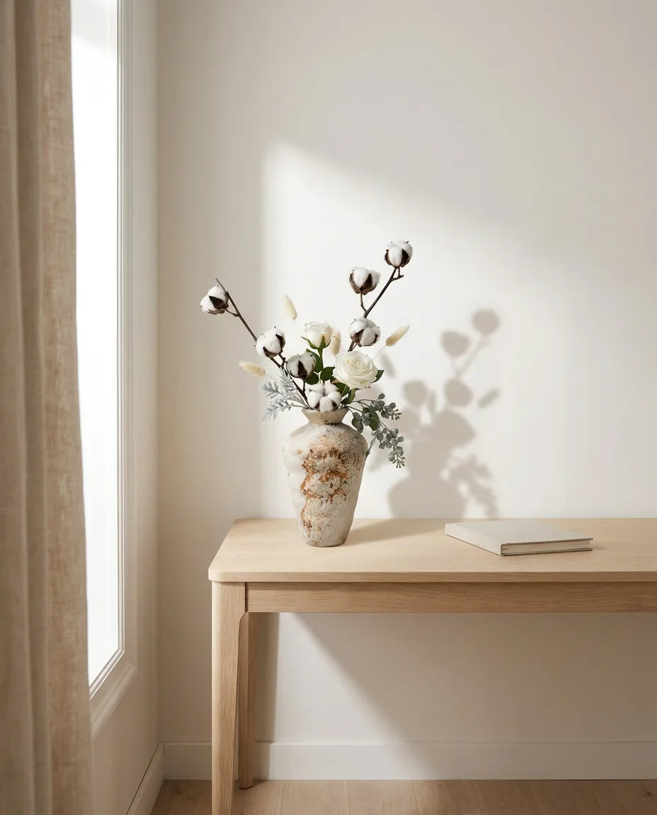Bouquet artificiel blanc et beige sur un bureau en chêne clair, près d'un rideau en lin