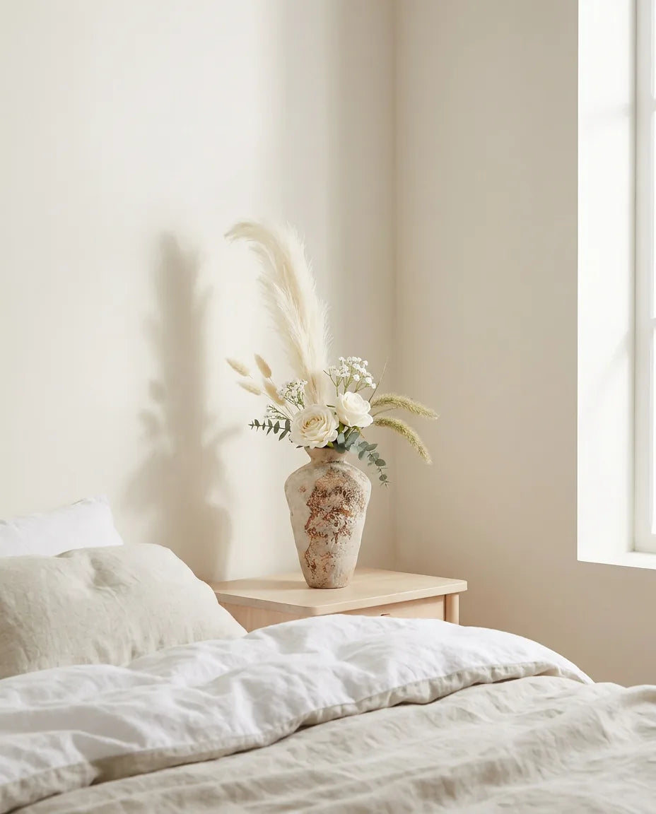 Bouquet artificiel blanc et beige sur une table de chevet en bois clair, près d'un linge en lin