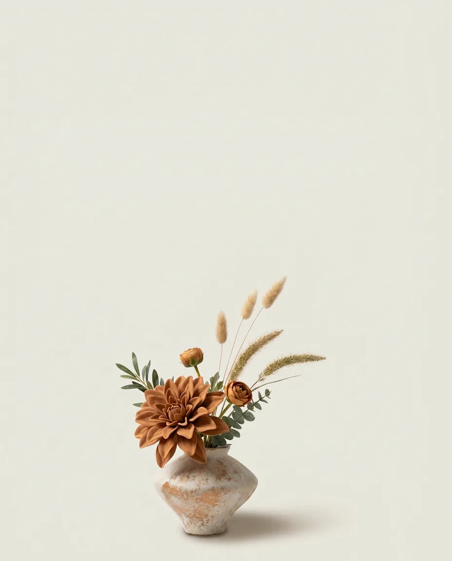 Bouquet artificiel de dahlias, renoncules et lagurus orange et beige dans un vase en céramique