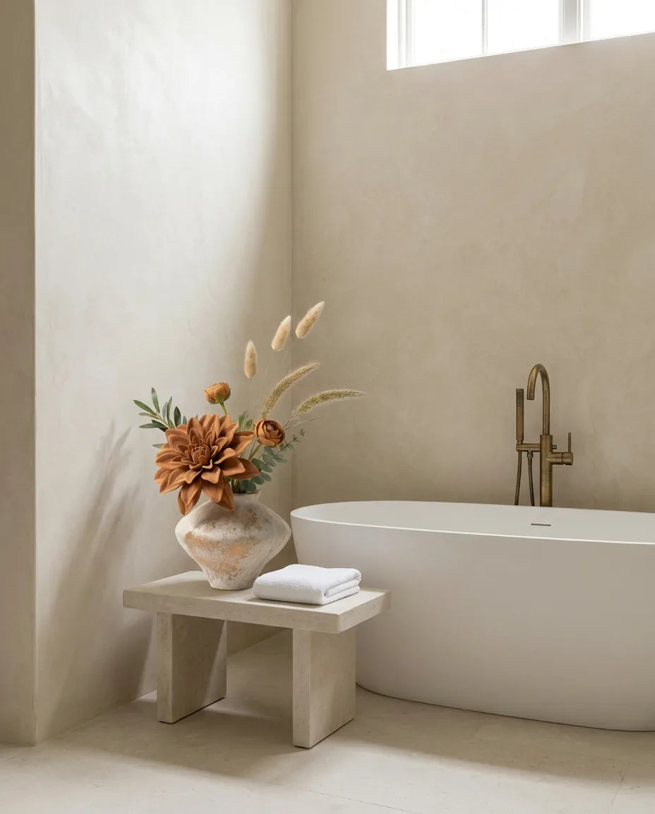 Bouquet artificiel orange et beige sur un tabouret en pierre près d'une baignoire îlot