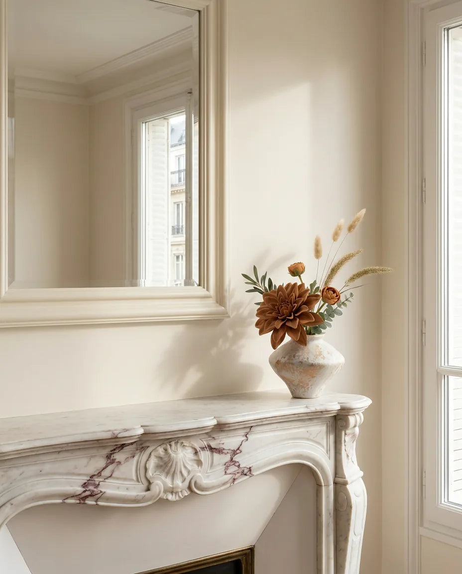 Bouquet artificiel orange et beige sur une cheminée en marbre dans un salon parisien