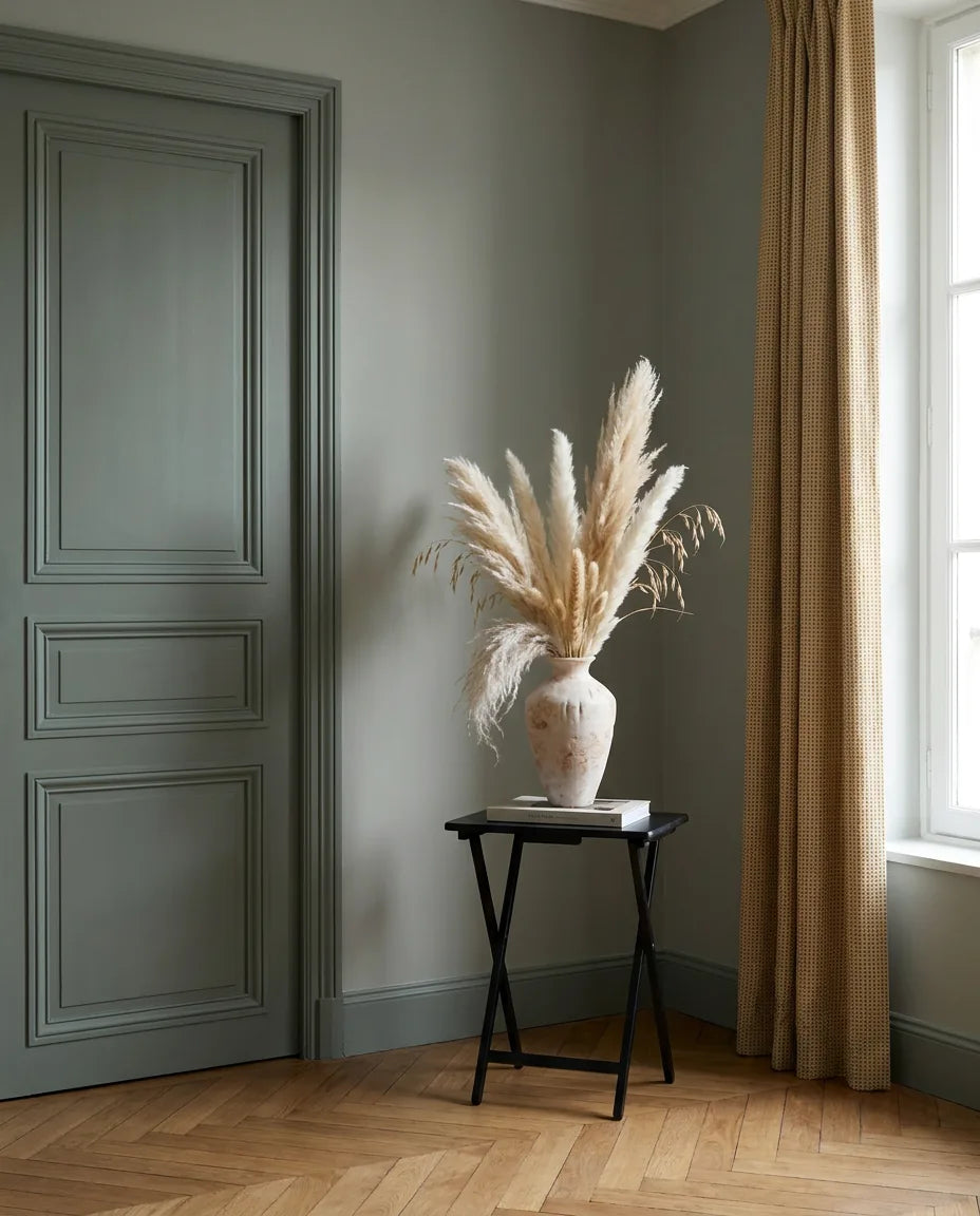 Bouquet artificiel beige et rose sur une table d'appoint noire près d'une porte vert sauge