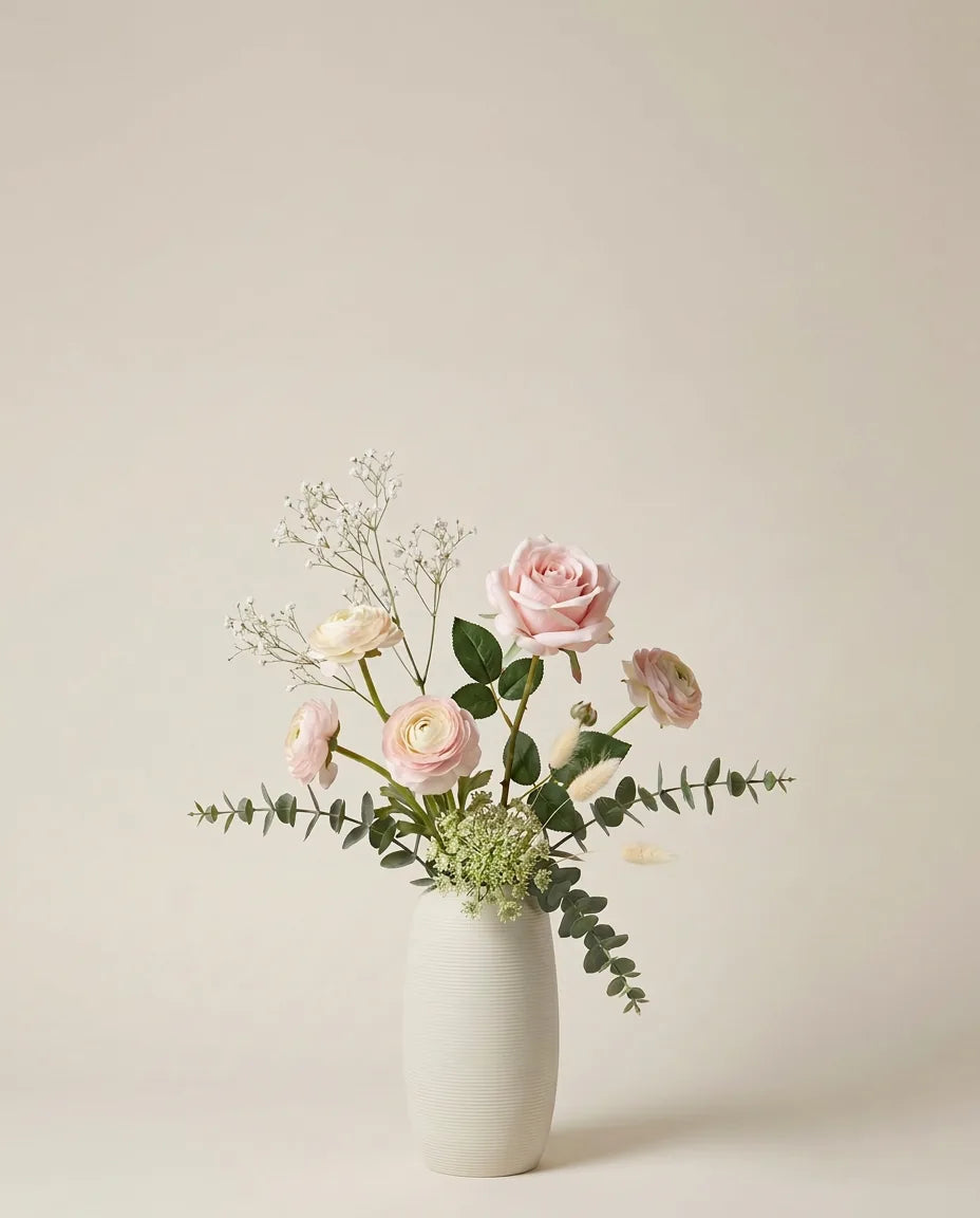 Bouquet artificiel de roses, renoncules et lagurus rose et blanc dans un vase en céramique