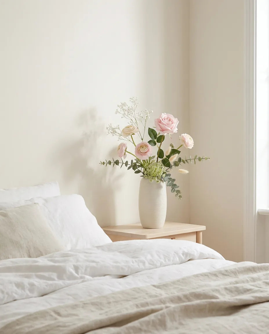 Bouquet artificiel rose et blanc sur une table de chevet en bois clair, près d'un linge en lin