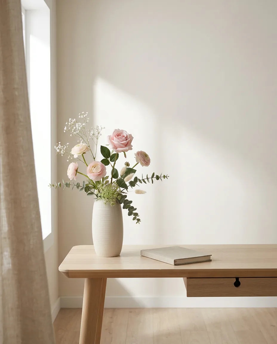Bouquet artificiel rose et blanc sur un bureau en chêne clair, près d'un rideau en lin