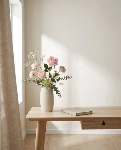 Bouquet artificiel rose et blanc sur un bureau en chêne clair, près d'un rideau en lin