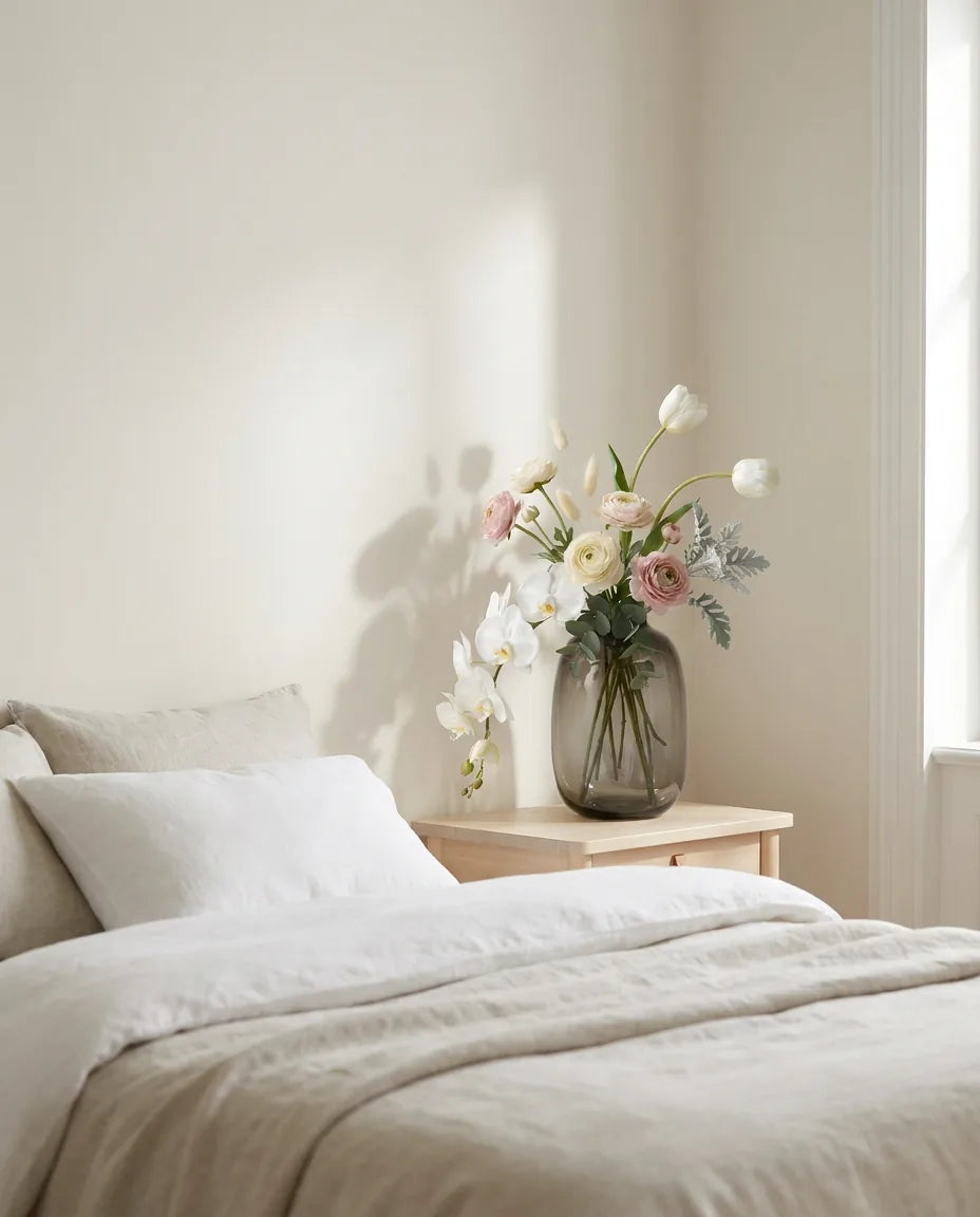 Bouquet artificiel blanc et rose sur une table de chevet en bois clair, près d'un linge en lin
