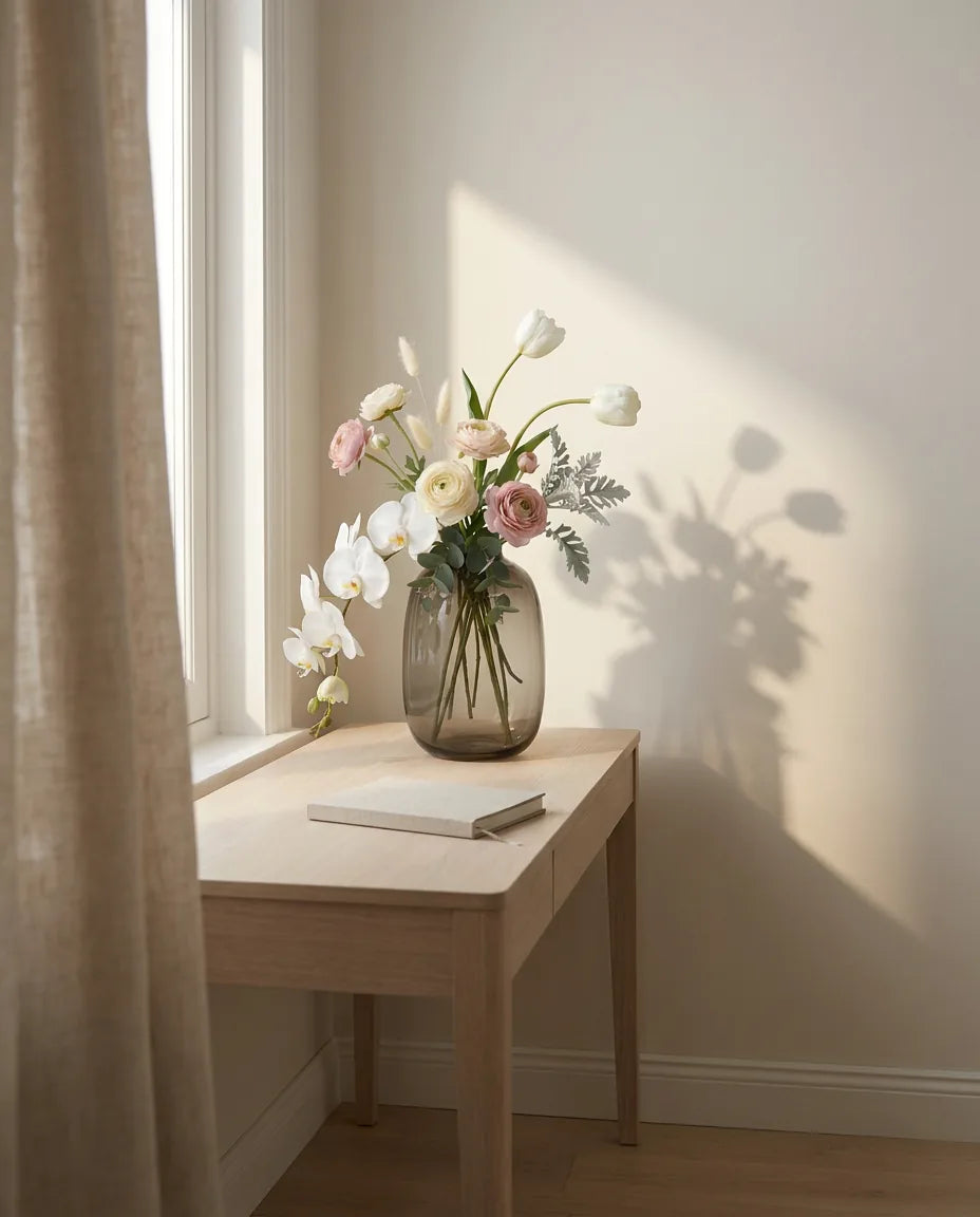 Bouquet artificiel blanc et rose sur un bureau en chêne clair, près d'un rideau en lin