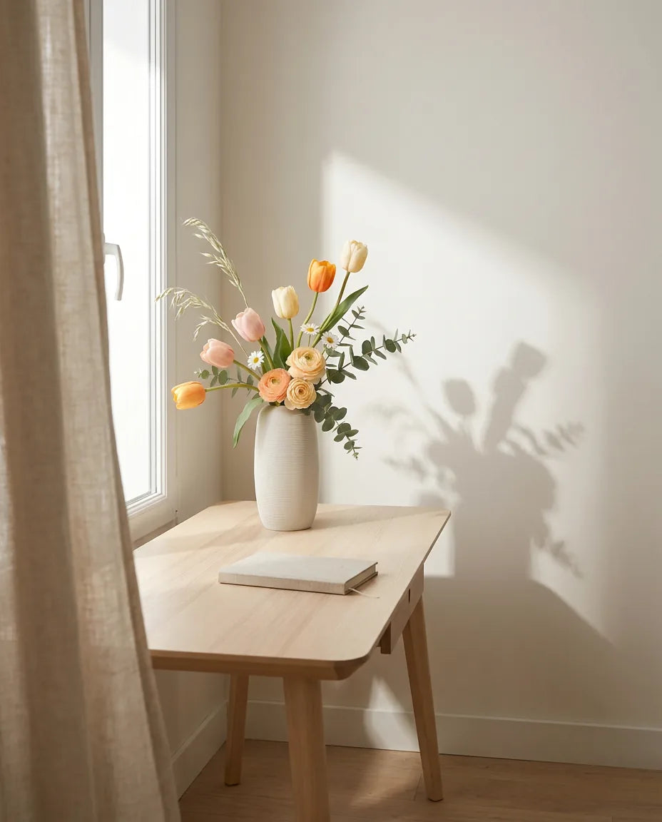 Bouquet artificiel orange et rose sur un bureau en chêne clair, près d'un rideau en lin
