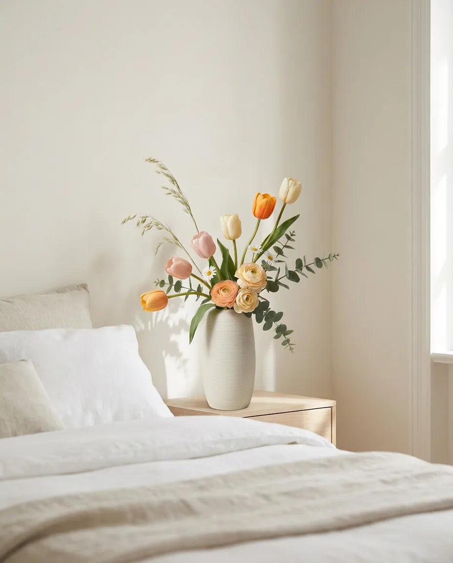 Bouquet artificiel orange et rose sur une table de chevet en bois clair, près d'un linge en lin