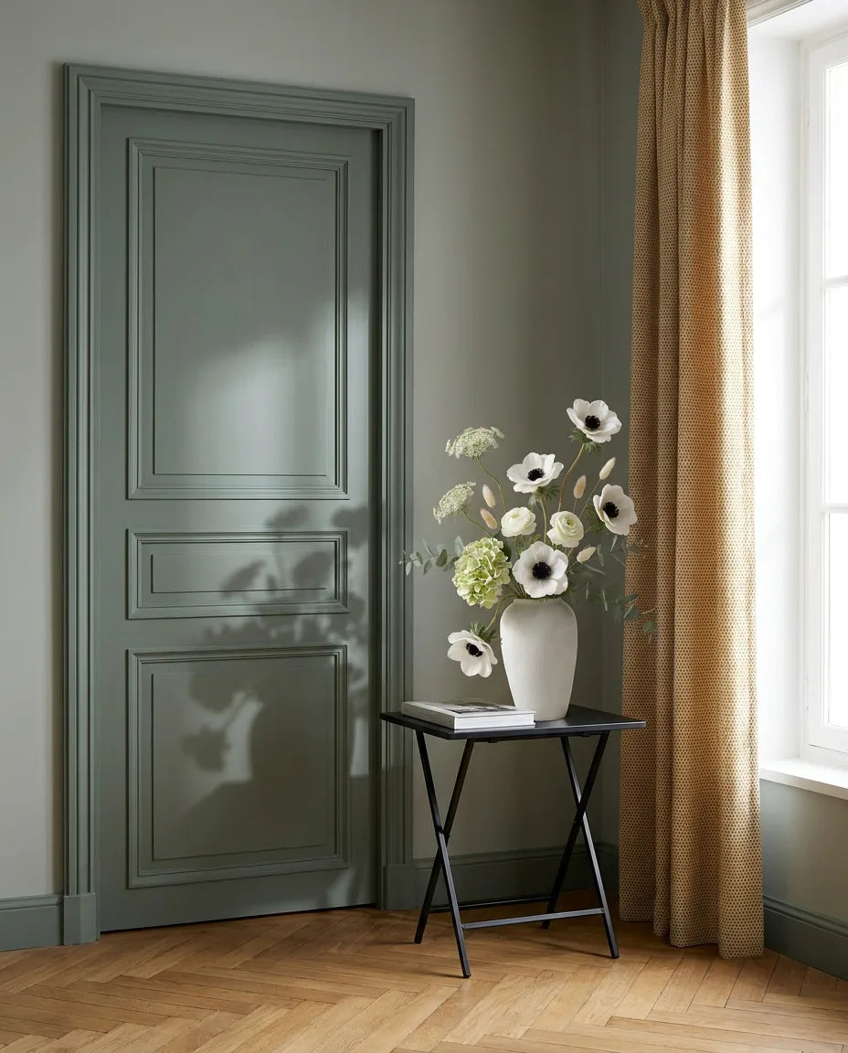 Bouquet artificiel blanc et vert sur une table d'appoint noire près d'une porte vert sauge