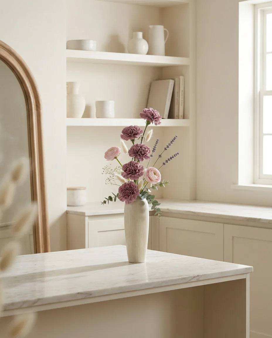 Bouquet artificiel violet et rose sur un îlot en marbre clair dans une cuisine crème