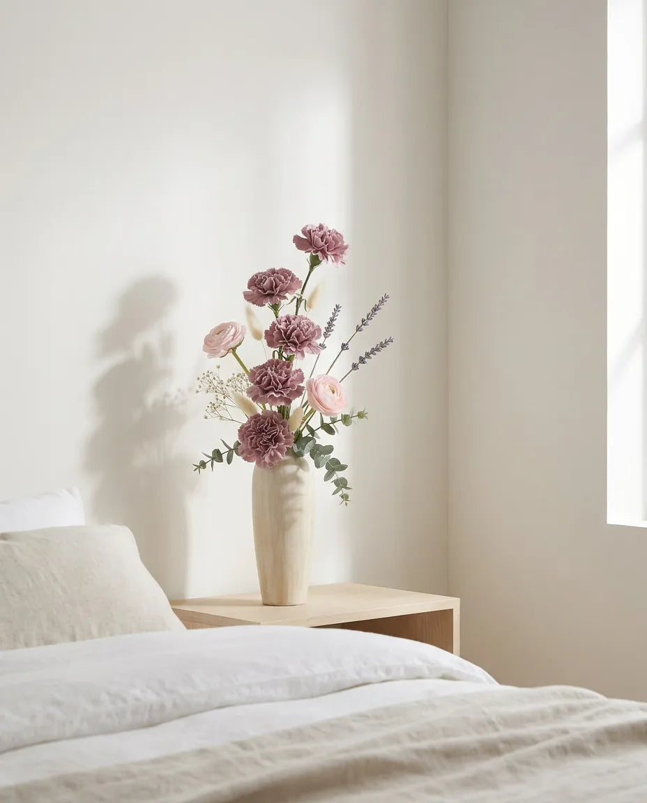 Bouquet artificiel violet et rose sur une table de chevet en bois clair, près d'un linge en lin