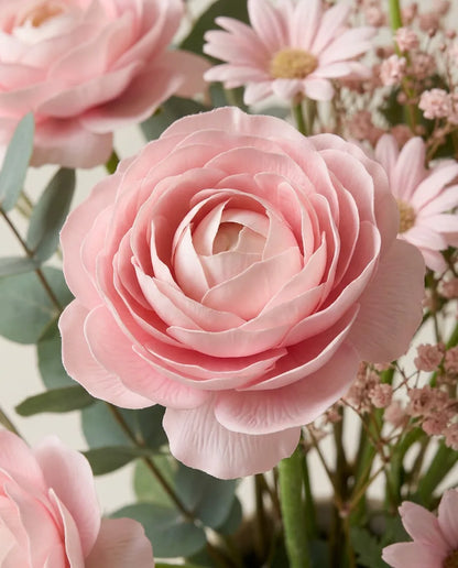 Gros plan sur les renoncules artificielles du bouquet Douceur du Matin