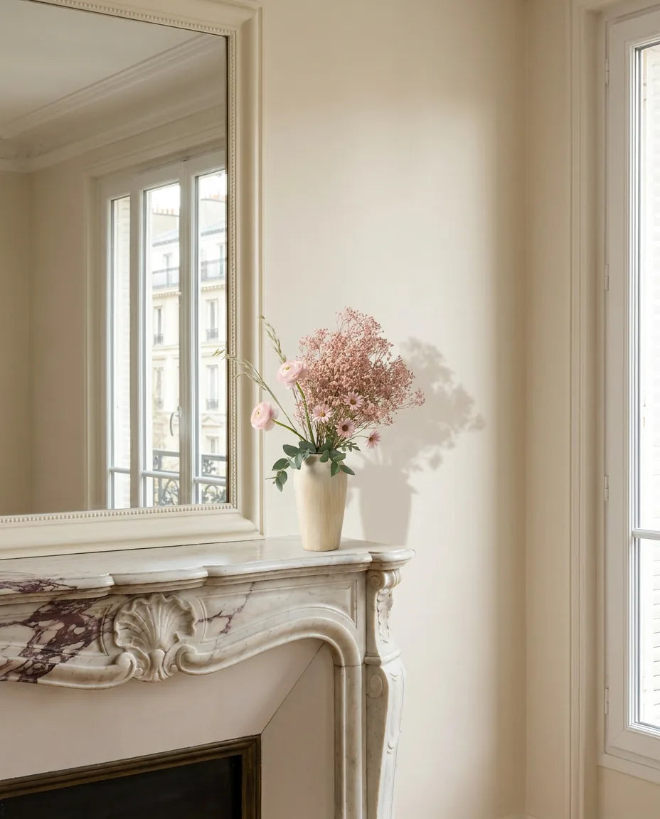 Bouquet artificiel rose et blanc sur une cheminée en marbre dans un salon parisien