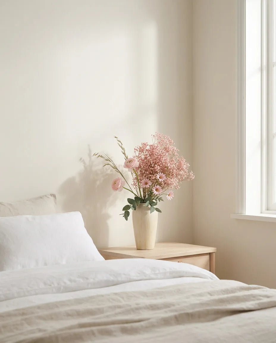 Bouquet artificiel rose et blanc sur une table de chevet en bois clair, près d'un linge en lin
