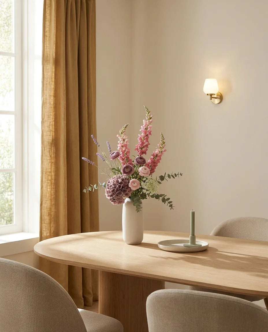 Bouquet artificiel rose et violet sur une table ovale en chêne clair dans une salle à manger