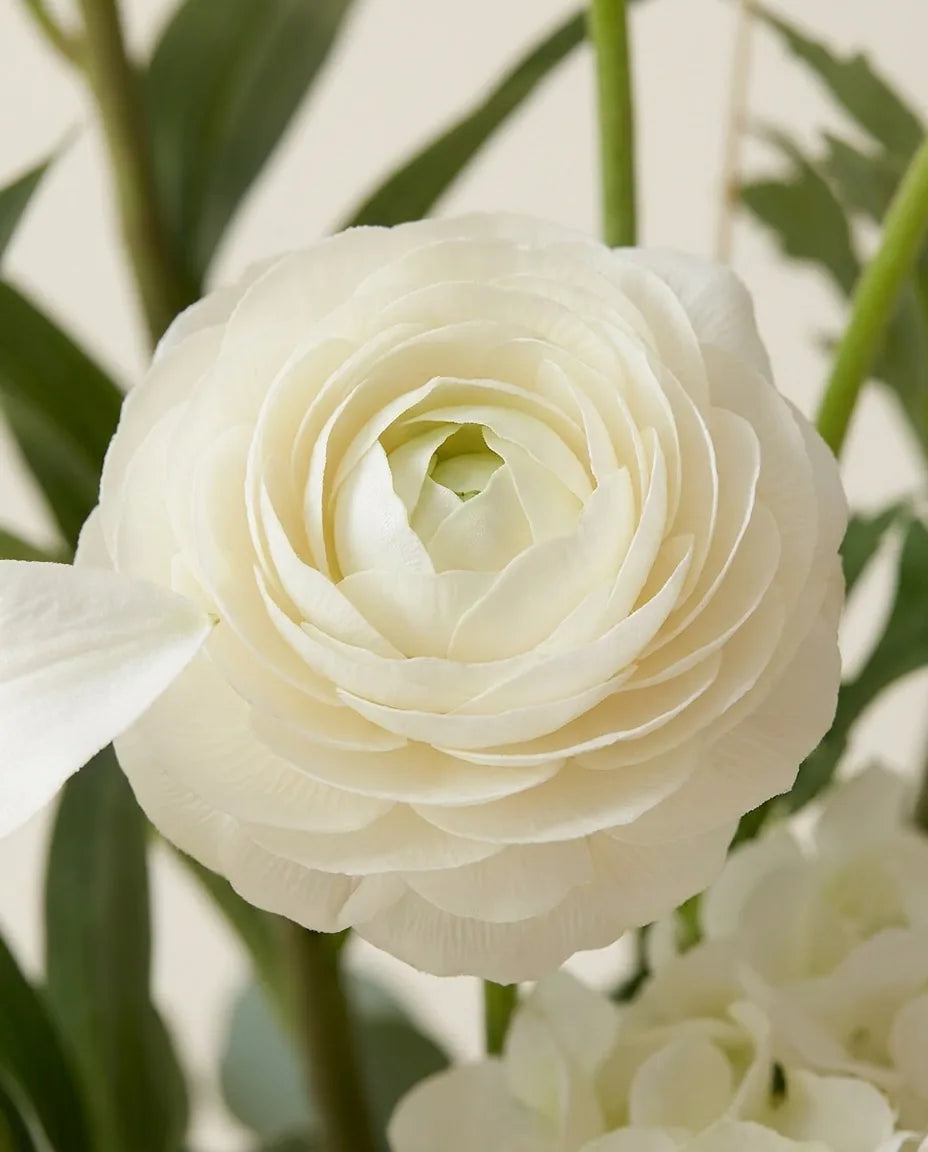 Gros plan sur les renoncules artificielles du bouquet Blanc Éternel