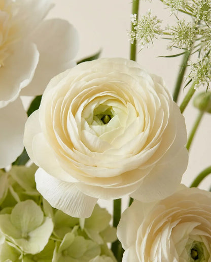 Gros plan sur les renoncules artificielles du bouquet Jardin Blanc