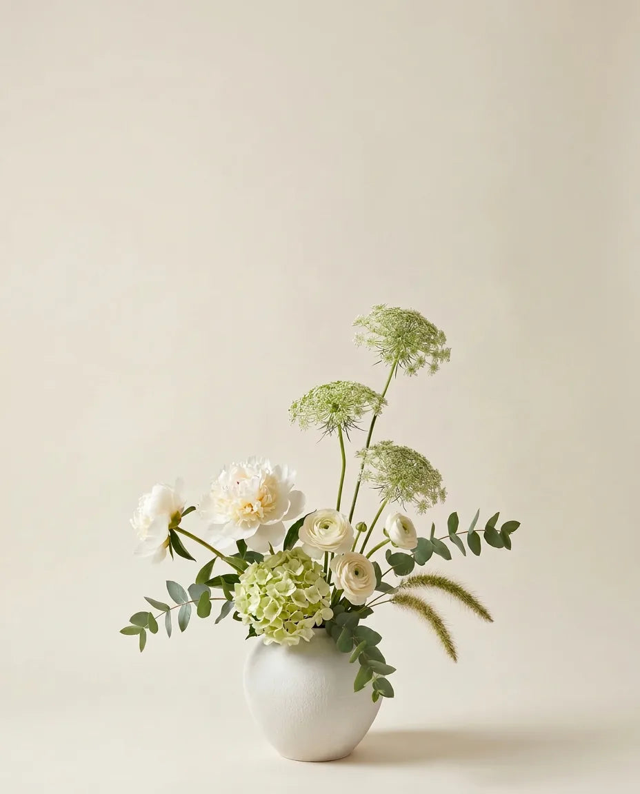 Bouquet artificiel de pivoines, hortensias et renoncules blanc et vert dans un vase en céramique