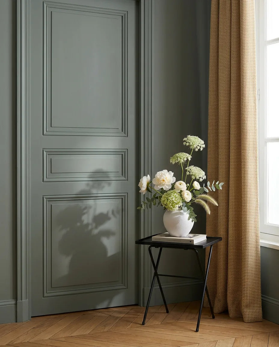 Bouquet artificiel blanc et vert sur une table d'appoint noire près d'une porte vert sauge