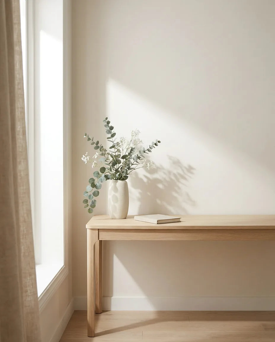 Bouquet artificiel vert et blanc sur un bureau en chêne clair, près d'un rideau en lin