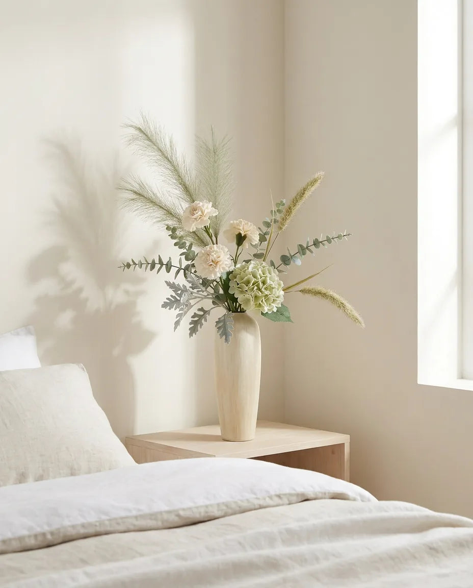 Bouquet artificiel vert et blanc sur une table de chevet en bois clair, près d'un linge en lin