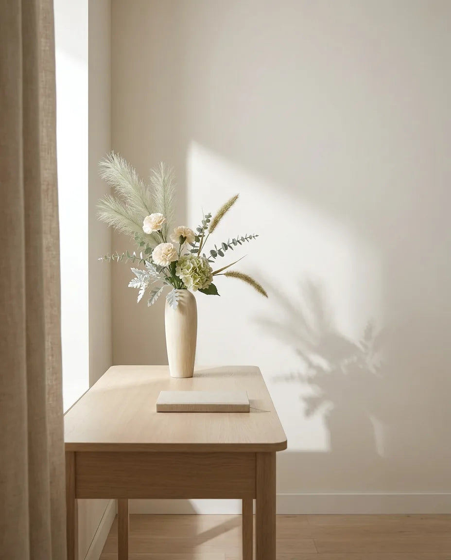 Bouquet artificiel vert et blanc sur un bureau en chêne clair, près d'un rideau en lin