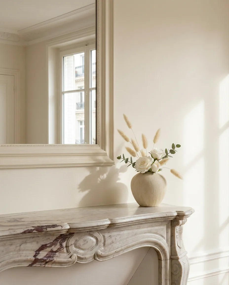 Bouquet artificiel blanc et vert sur une cheminée en marbre dans un salon parisien