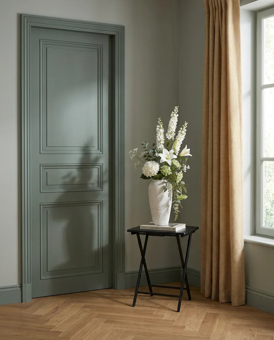 Bouquet artificiel blanc et vert sur une table d'appoint noire près d'une porte vert sauge
