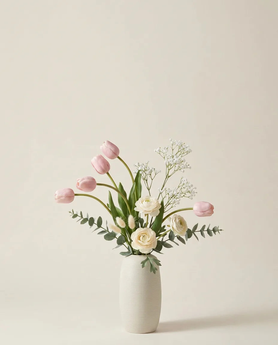 Bouquet artificiel de tulipes, renoncules et lagurus rose et blanc dans un vase en céramique