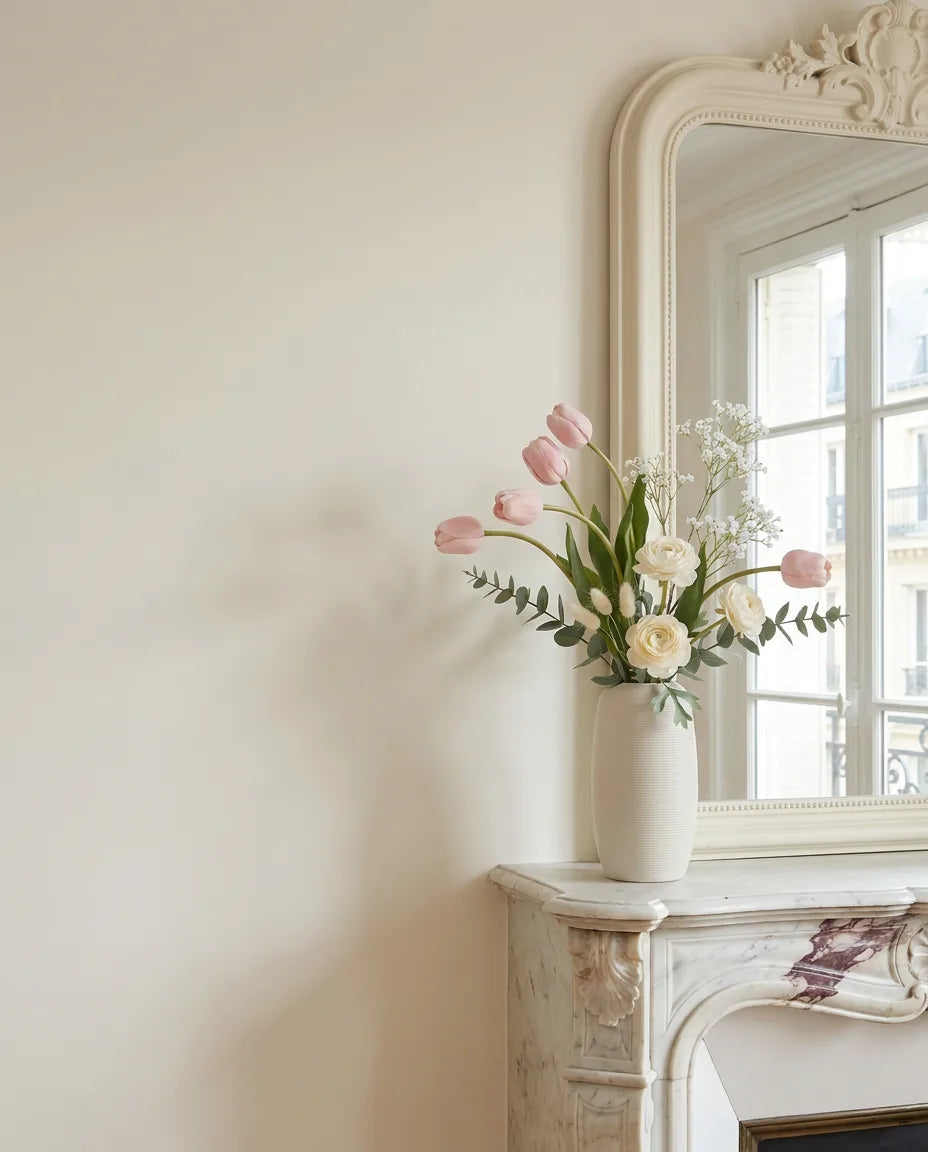 Bouquet artificiel rose et blanc sur une cheminée en marbre dans un salon parisien