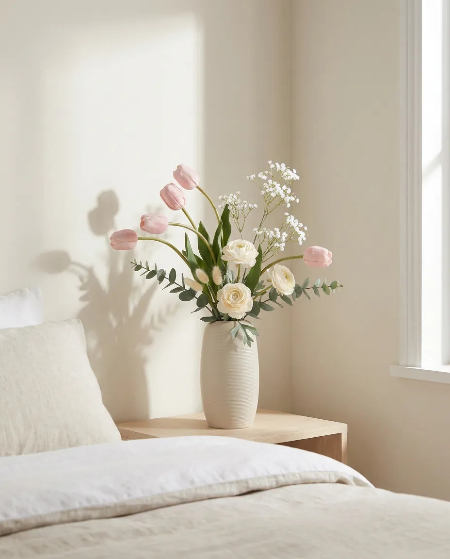 Bouquet artificiel rose et blanc sur une table de chevet en bois clair, près d'un linge en lin