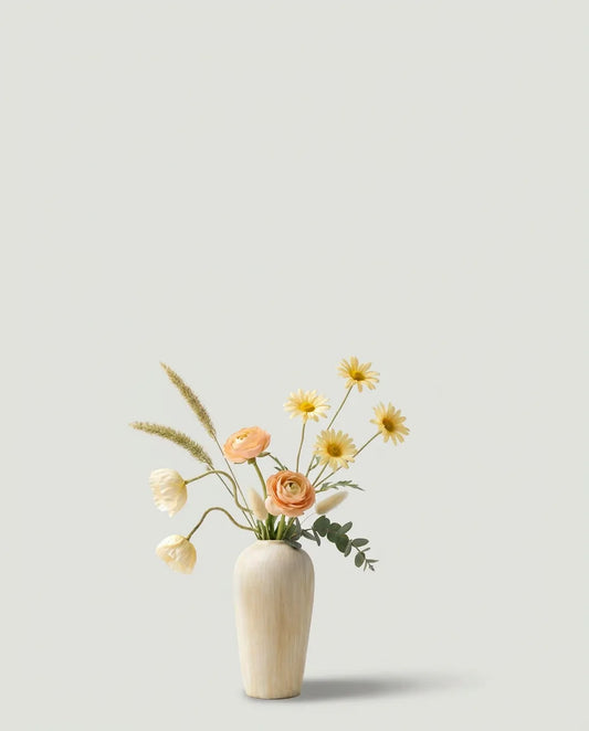 Bouquet artificiel de pavot d'Islande, marguerites et renoncules blanc et jaune dans un vase en céramique