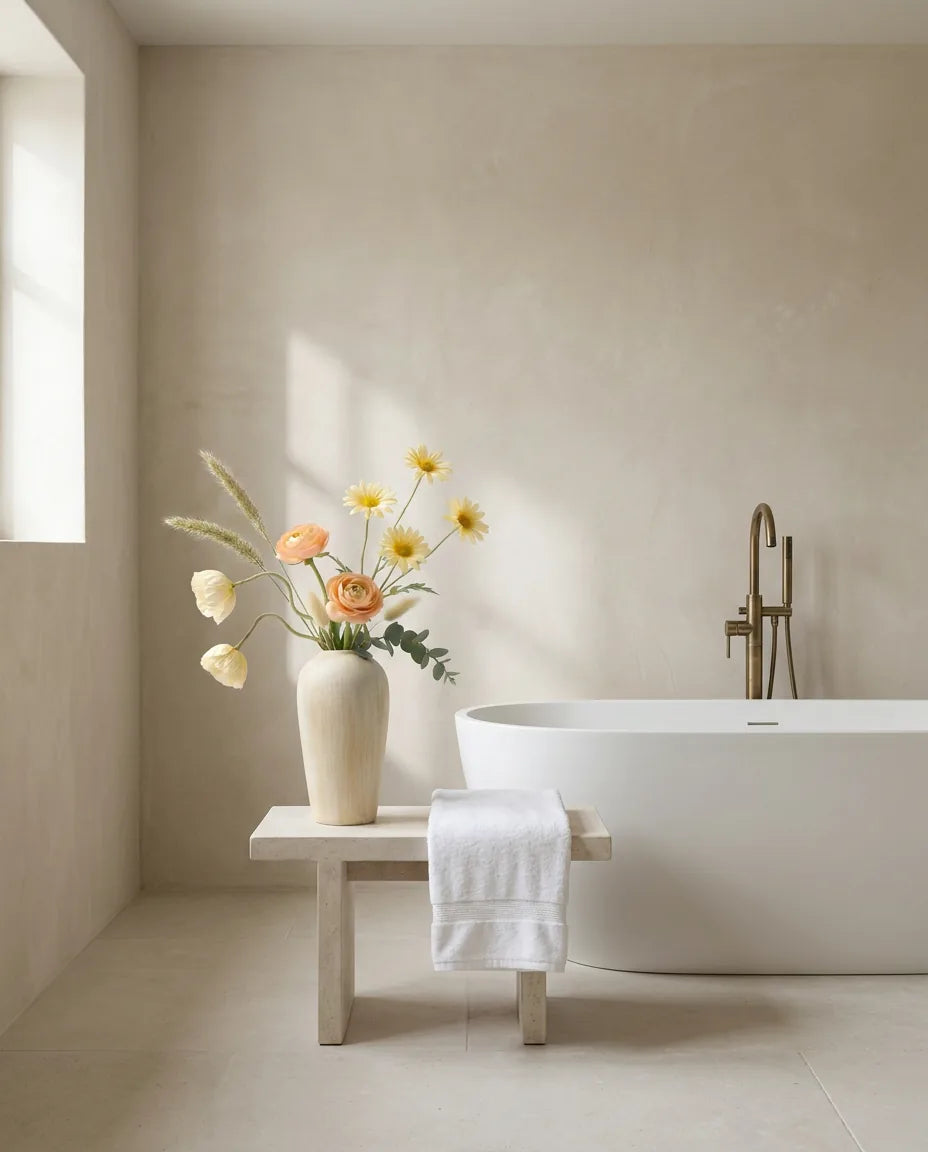 Bouquet artificiel blanc et jaune sur un tabouret en pierre près d'une baignoire îlot