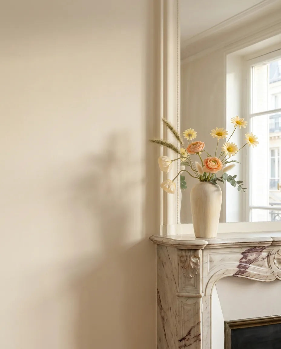 Bouquet artificiel blanc et jaune sur une cheminée en marbre dans un salon parisien