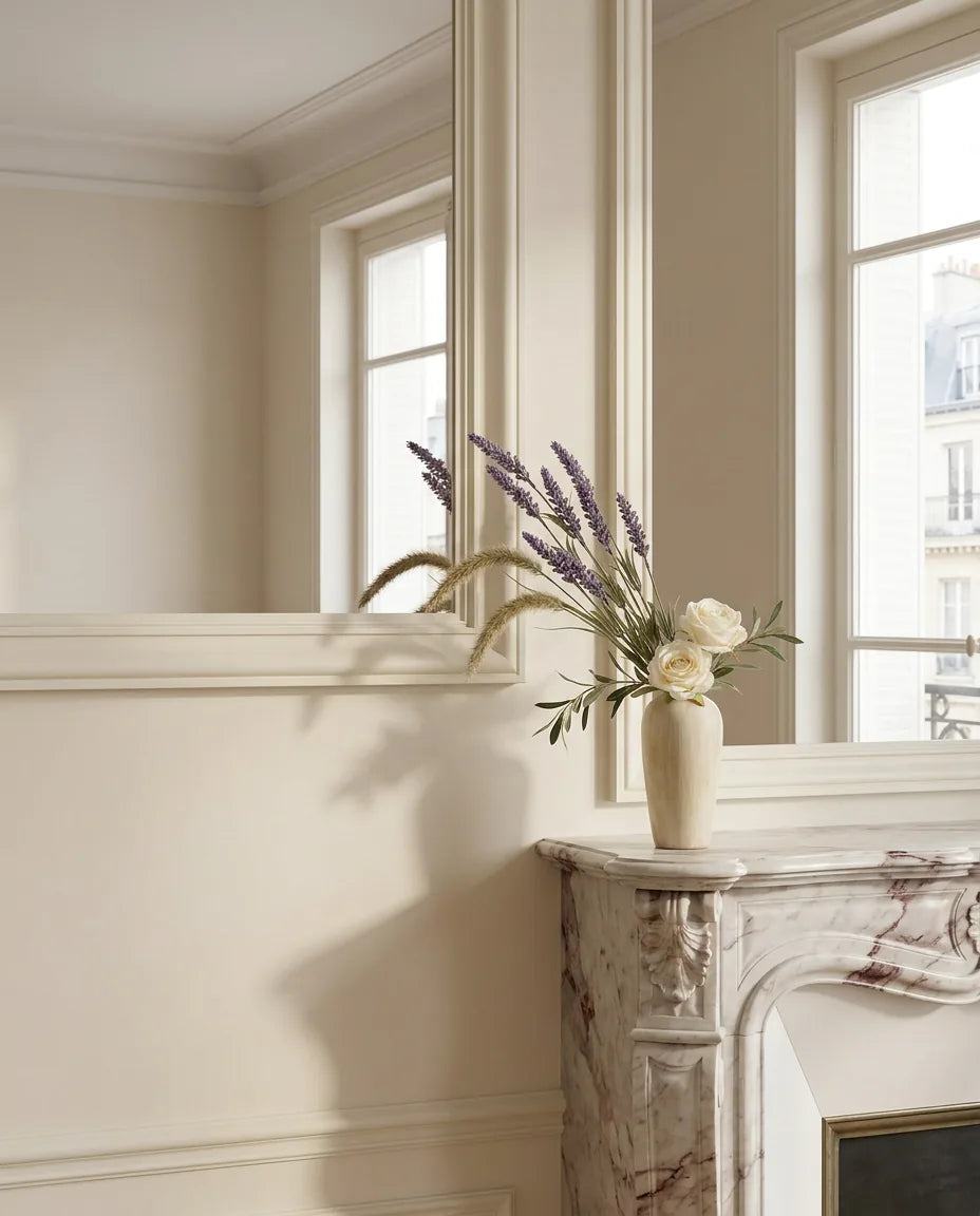 Bouquet artificiel violet et blanc sur une cheminée en marbre dans un salon parisien