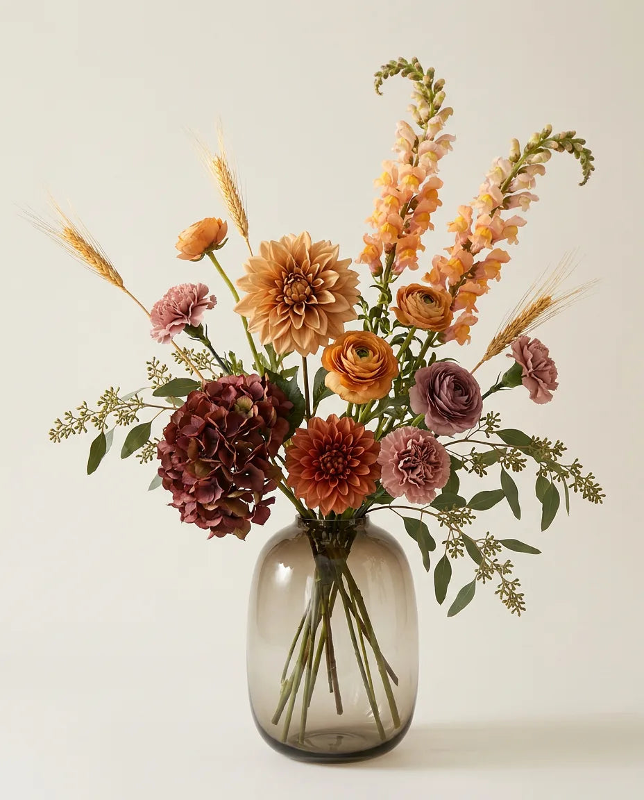 Bouquet artificiel de dahlias, hortensias et renoncules orange et beige en gros plan
