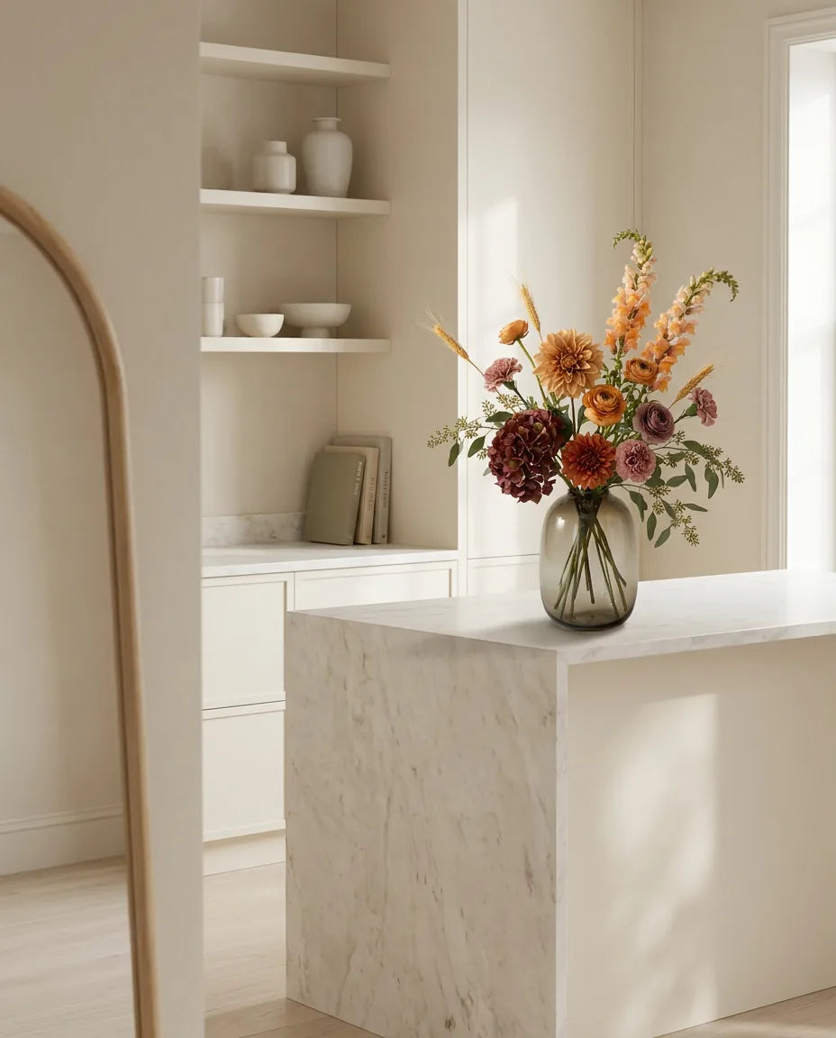 Bouquet artificiel orange et beige sur un îlot en marbre clair dans une cuisine crème