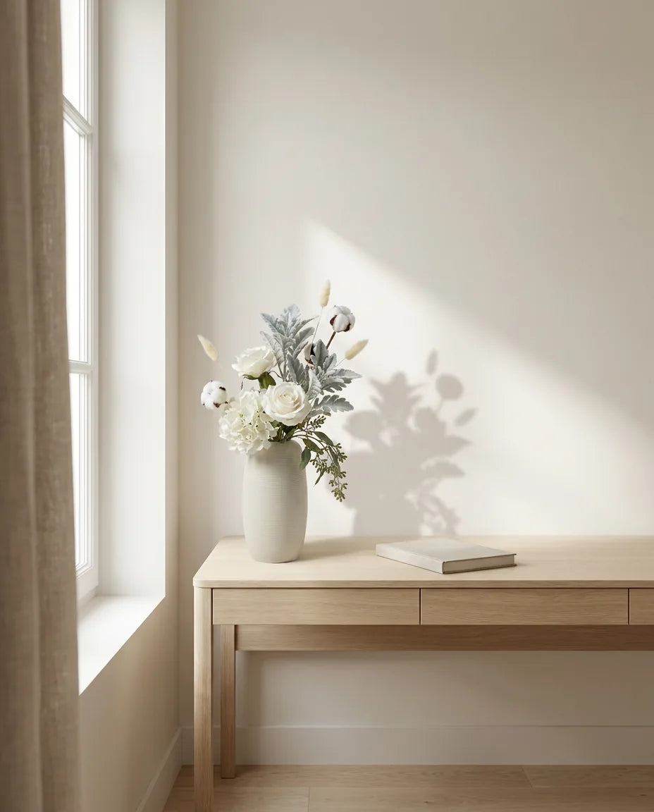 Bouquet artificiel blanc et vert sur un bureau en chêne clair, près d'un rideau en lin