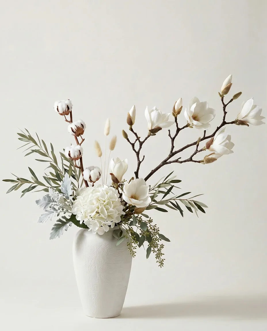 Bouquet artificiel de magnolias, hortensias et coton blanc et beige dans un vase en céramique