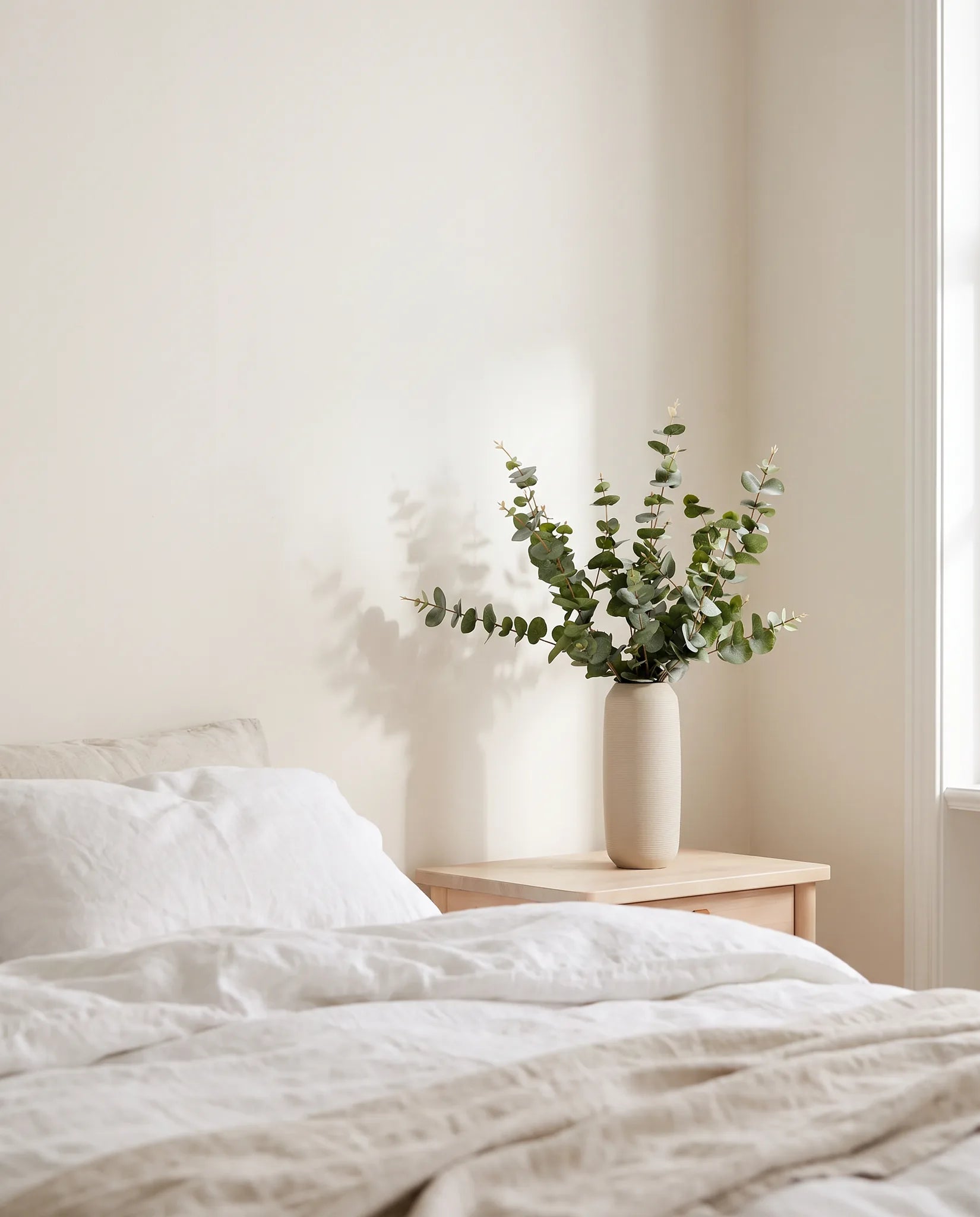 Bouquet artificiel vert gris sur une table de chevet en bois clair, chambre en lin