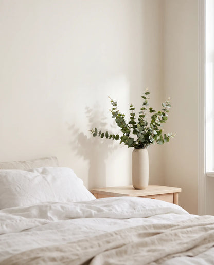 Bouquet artificiel vert gris sur une table de chevet en bois clair, chambre en lin