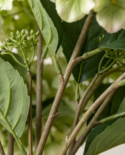 Détail des feuilles nervurées et des tiges du bouquet artificiel Vert d'Eau