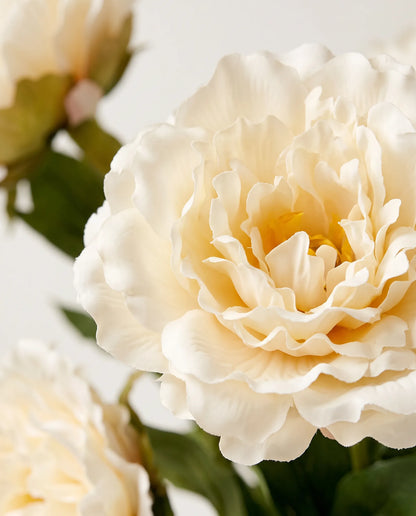 Gros plan sur les pivoines artificielles blanches du bouquet Neige de Mai