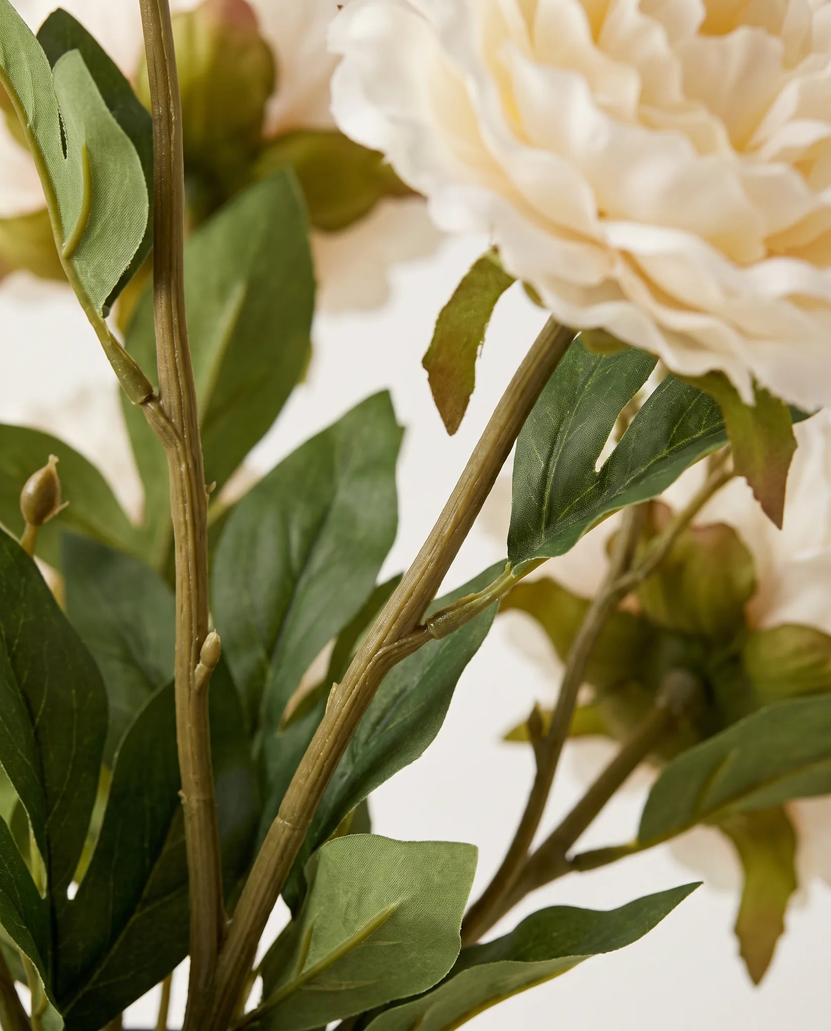 Détail des boutons fermés et du feuillage du bouquet artificiel Neige de Mai